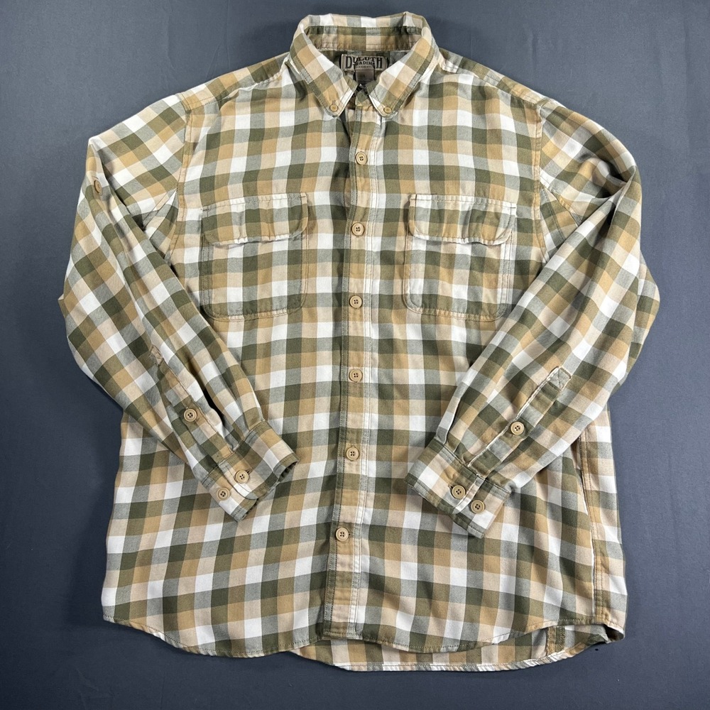 Duluth Trading Co Mens Large Plaid Button Down Shirt Olive Tan Long Sleeve 0349